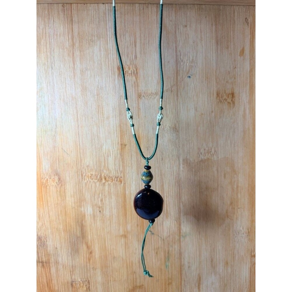 Handmade Boho Ceramic and Stone Pendant Necklace with Green Cord